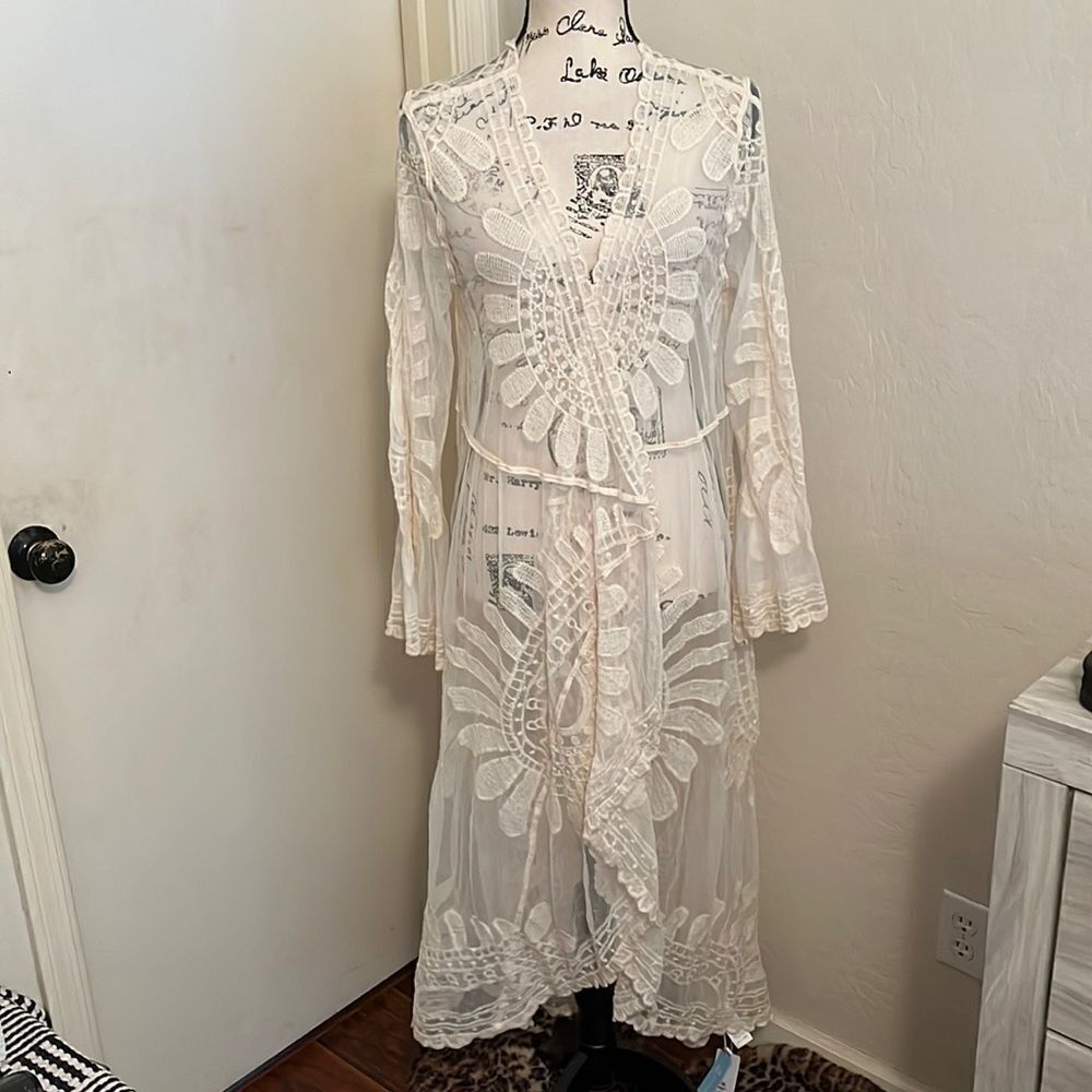 Cupshe Off White Sheer Boho Long Kimono Beach Coastal Vacation Resort Cruise